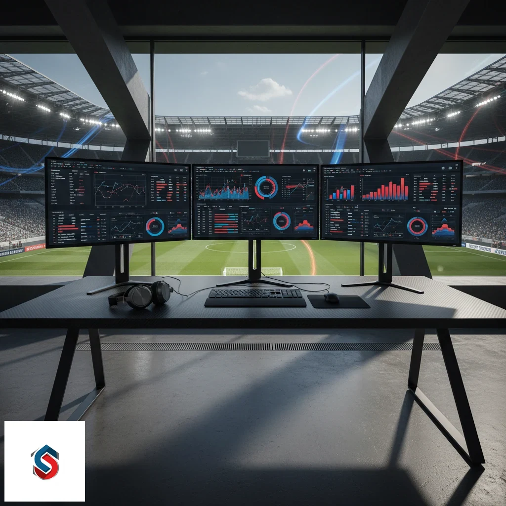 Postazione di lavoro con statistiche e quote sui campionati di calcio europei