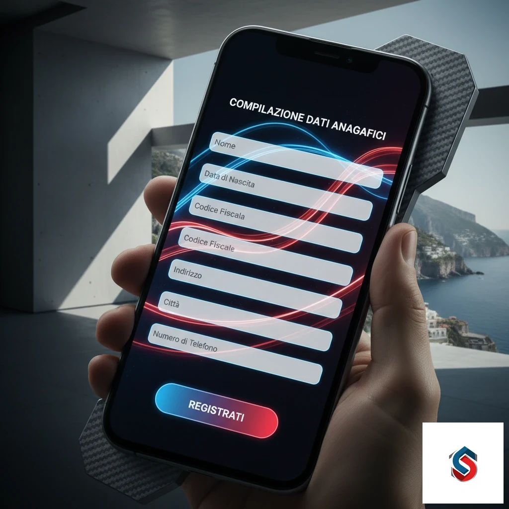 Modulo di registrazione dell'app con inserimento del codice fiscale e dati personali.